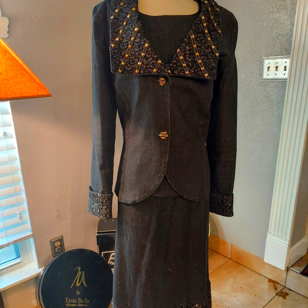 Odeliah black denim with gold embellishments.